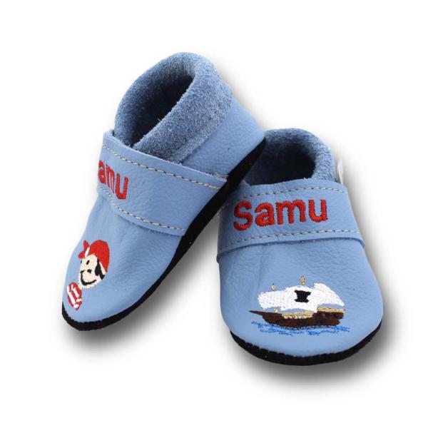 Krabbelschuhe Pirat & Schiff hellblau